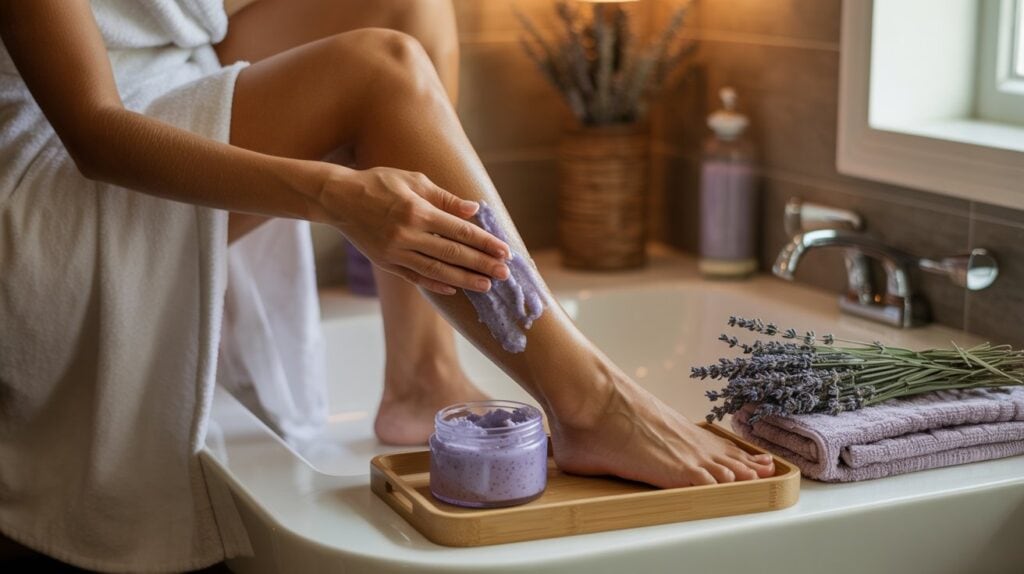 A person in a white robe applies a homemade body scrub to their leg while sitting on the edge of a bathtub. Nearby, a wooden tray with lavender sprigs and towels enhances the relaxing spa vibe.