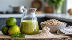 A glass beaker filled with green liquid sits on a wooden board, next to whole limes, a bowl of rolled oats, Oatzempic flour, and a sprig of mint—showcasing the trending viral weight loss drink in a kitchen setting.