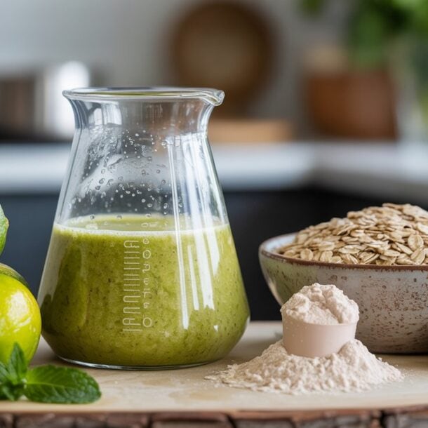 A glass beaker filled with green liquid sits on a wooden board, next to whole limes, a bowl of rolled oats, Oatzempic flour, and a sprig of mint—showcasing the trending viral weight loss drink in a kitchen setting.