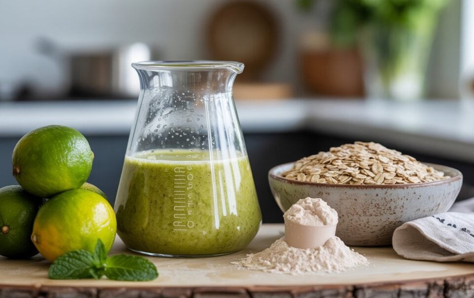 A glass beaker filled with green liquid sits on a wooden board, next to whole limes, a bowl of rolled oats, Oatzempic flour, and a sprig of mint—showcasing the trending viral weight loss drink in a kitchen setting.