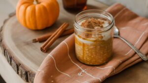 A jar of pumpkin parfait, reminiscent of pumpkin pie overnight oats, sits on a brown napkin beside a spoon, two cinnamon sticks, and a small pumpkin on a wooden board.