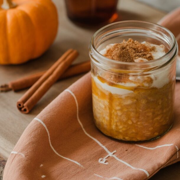 A jar of pumpkin parfait, reminiscent of pumpkin pie overnight oats, sits on a brown napkin beside a spoon, two cinnamon sticks, and a small pumpkin on a wooden board.