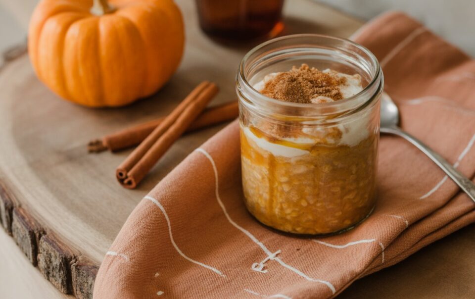 A jar of pumpkin parfait, reminiscent of pumpkin pie overnight oats, sits on a brown napkin beside a spoon, two cinnamon sticks, and a small pumpkin on a wooden board.