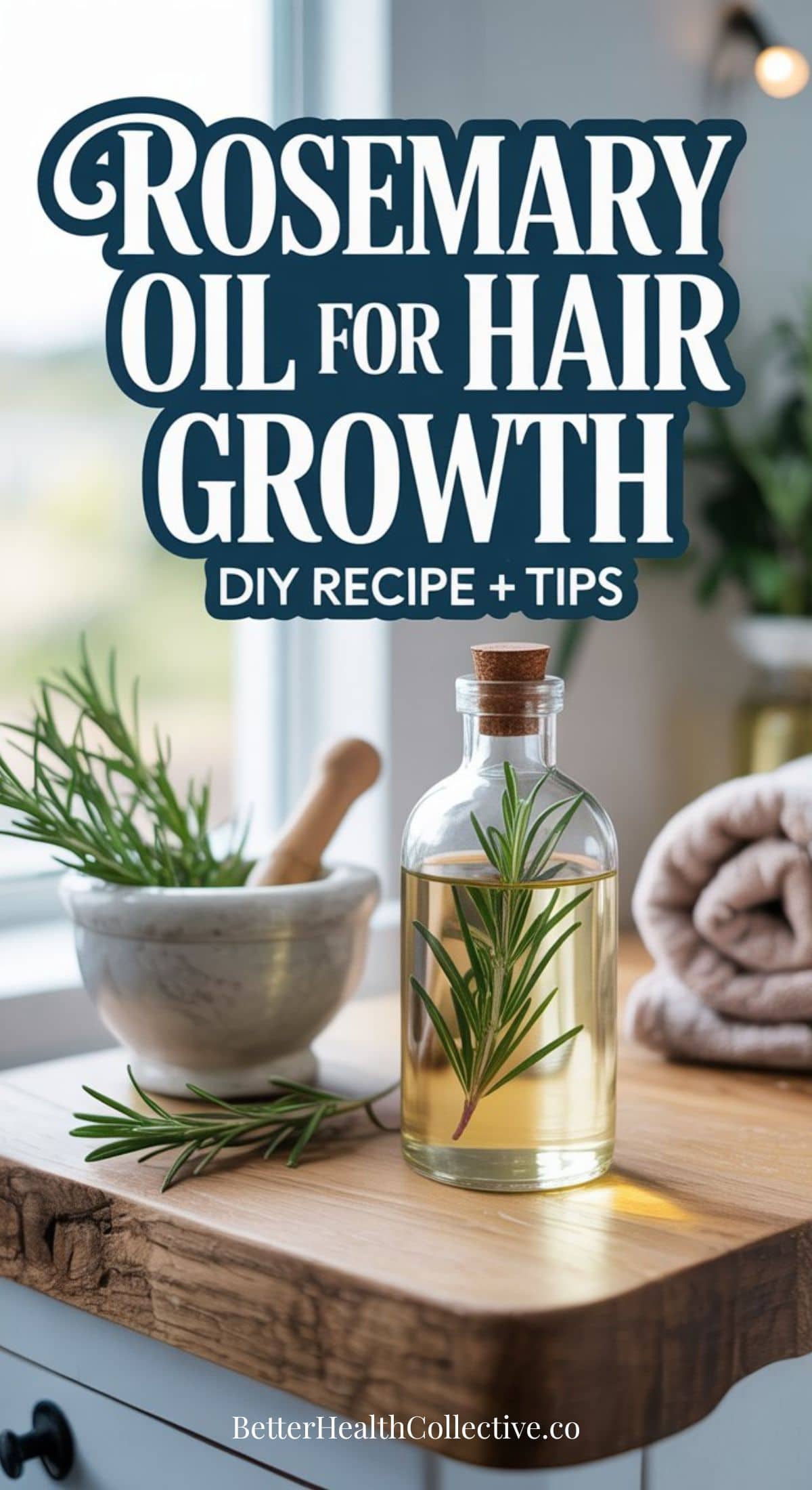 A glass bottle of DIY rosemary oil with a sprig inside sits on a wooden table next to a bowl of fresh rosemary and a rolled towel. Text reads: “Rosemary Oil for Hair Growth DIY Recipe + Tips.”.