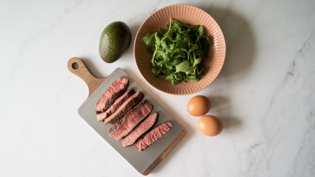A cutting board with sliced cooked steak, a whole avocado, a bowl of leafy greens, and two brown eggs on a white marble surface—perfect ingredients for a protein-packed Egg Breakfast or vibrant Power Bowl.