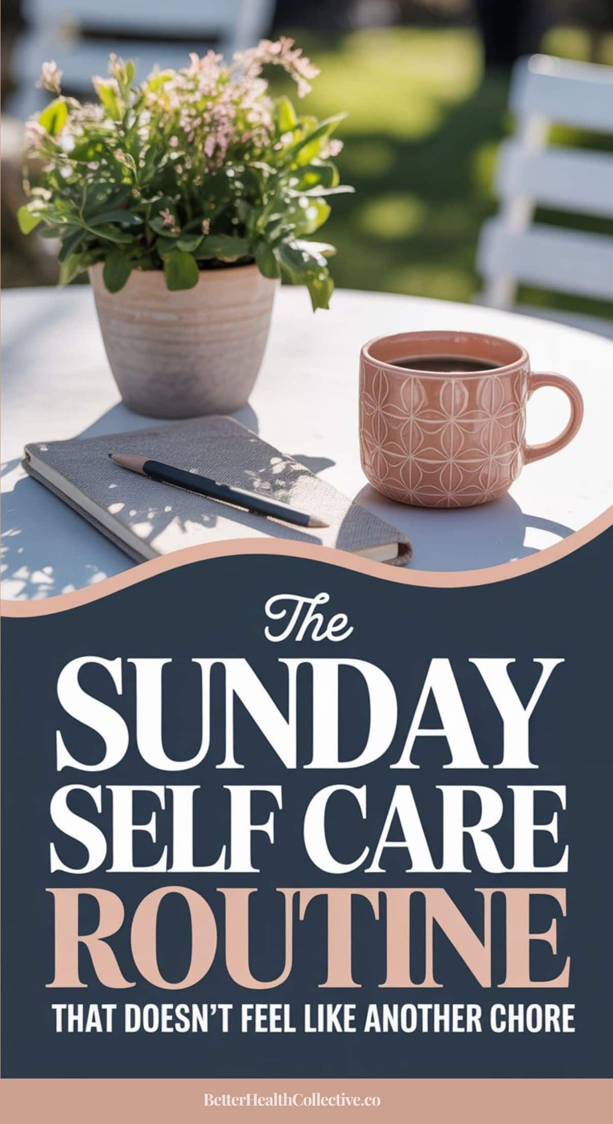 A pink mug, notebook, and pen sit on a table next to a potted plant outdoors. Text below reads: The Sunday reset routine that doesn’t feel like another chore—just a simple way to stay on track.
