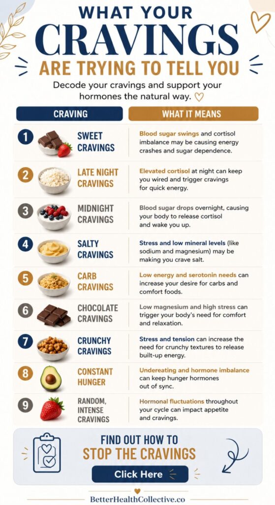 Infographic titled What Your Cravings Are Trying to Tell You, listing 8 craving types with causes like stress, hormone imbalance, or nutrient deficiency. Includes clear explanations and a section on how to stop cravings by balancing hormones and nutrition.