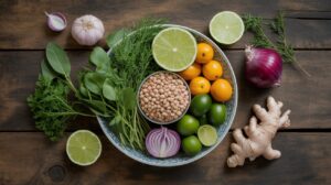 A bowl filled with leafy greens, herbs, kumquats, limes, and a small bowl of beans sits on a wooden table, surrounded by ginger, garlic, a red onion, and lime halves—perfect for gut healthy meals that boost metabolism.