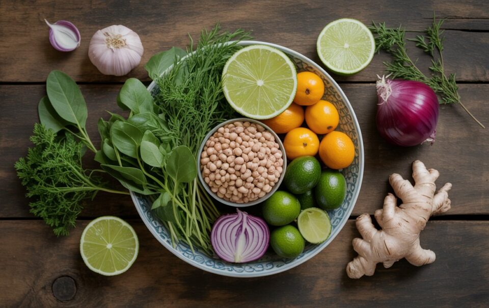A bowl filled with leafy greens, herbs, kumquats, limes, and a small bowl of beans sits on a wooden table, surrounded by ginger, garlic, a red onion, and lime halves—perfect for gut healthy meals that boost metabolism.