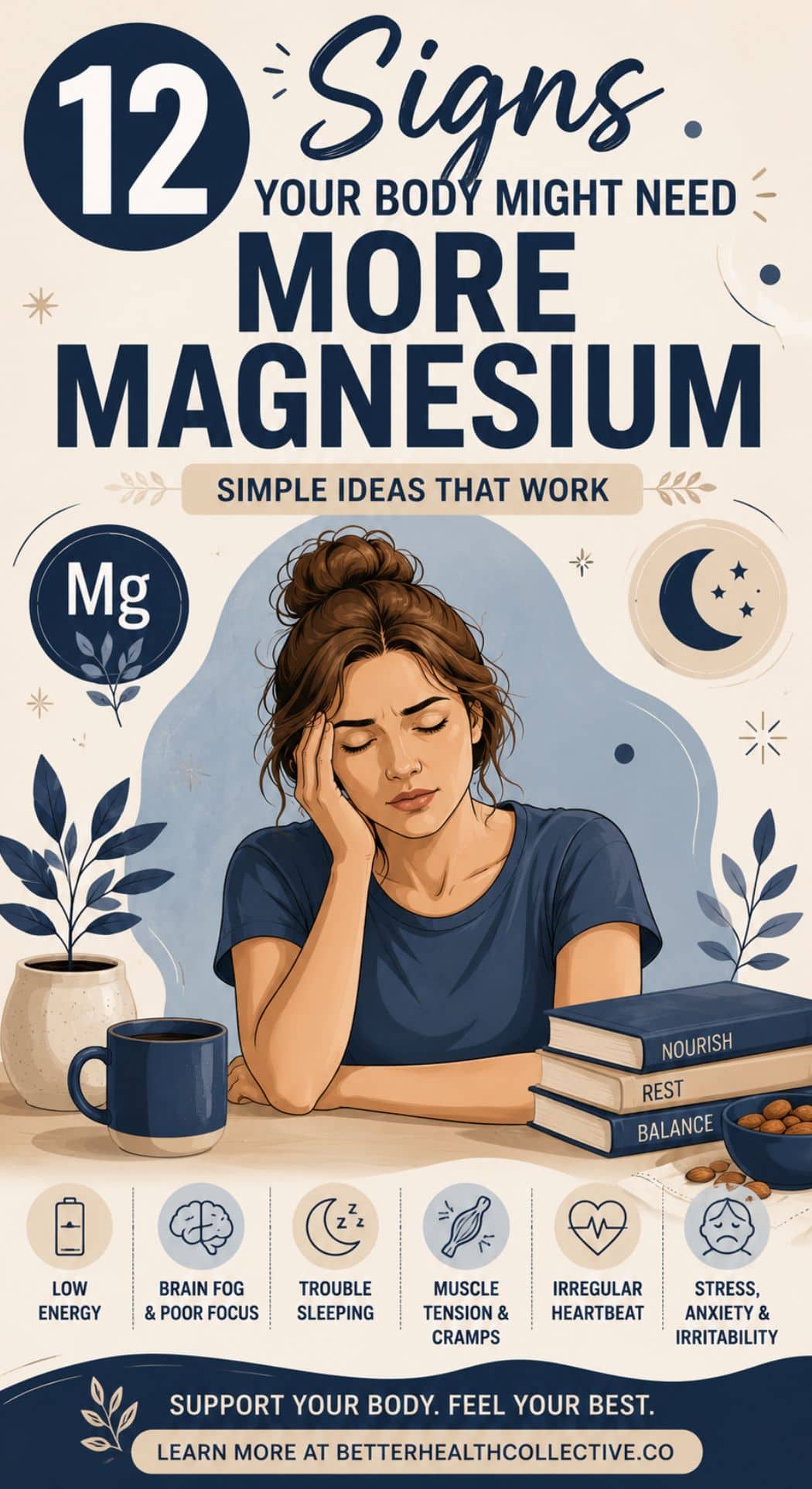 Illustrated image of a tired woman at a table with books, plants, and a mug. Text highlights “12 signs of low magnesium” and lists symptoms like low energy, brain fog, trouble sleeping, and muscle cramps.