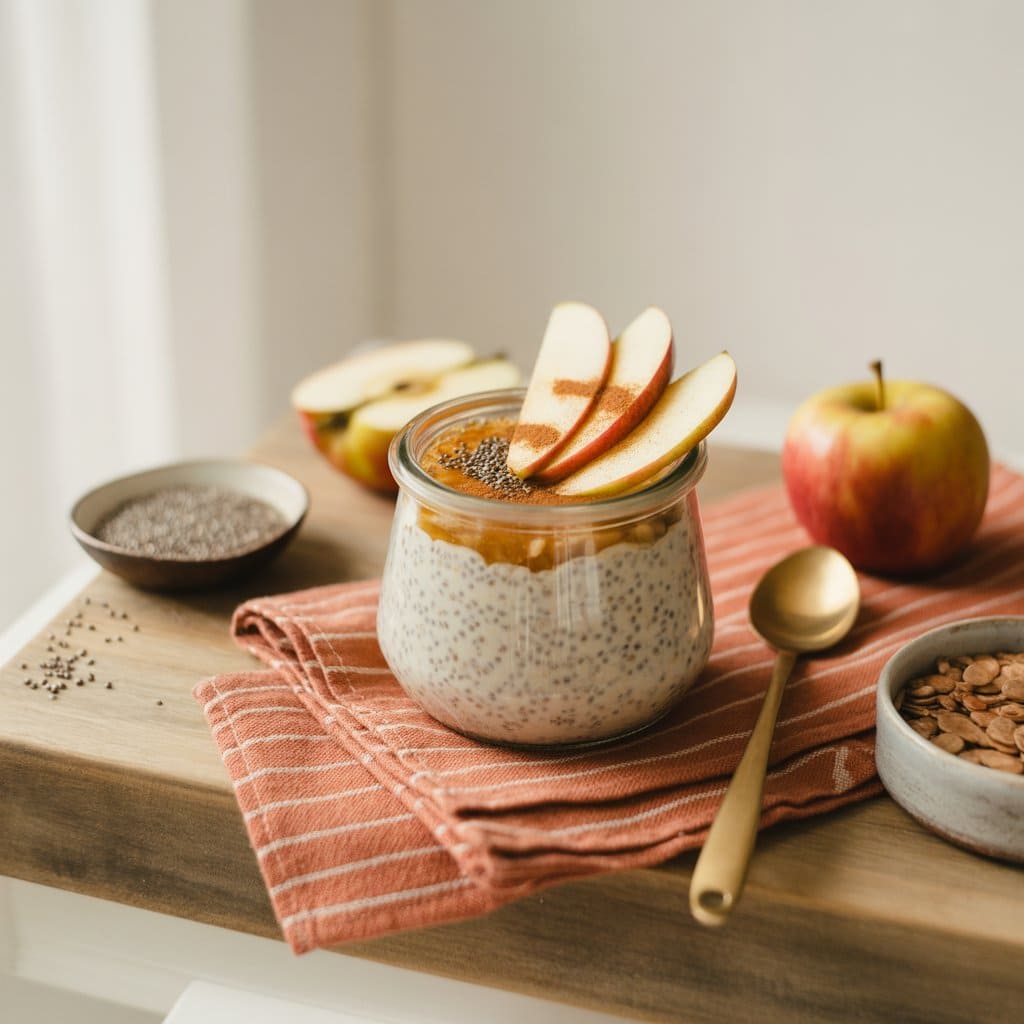 A jar of chia pudding topped with apple slices, granola, and chia seeds sits on a striped cloth—perfect for morning recipes. Nearby are a gold spoon, a whole apple, a bowl of seeds, and sliced almonds.