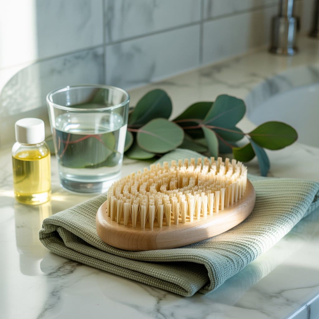 A wooden dry brush, perfect for a beginner guide to lymph drainage and dry brushing, sits on folded green towels beside a glass of water, a small bottle of oil, and eucalyptus leaves on a marble bathroom countertop.