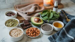 A collection of healthy, magnesium-rich foods including spinach, an avocado, dark chocolate, almonds, chia seeds, pumpkin seeds, rolled oats, and a bowl of oil is arranged on a countertop with a towel and lit candle in the background.