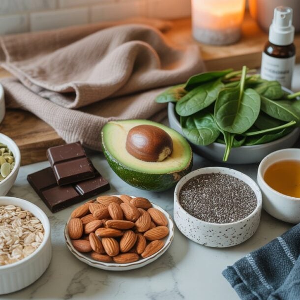 A collection of healthy, magnesium-rich foods including spinach, an avocado, dark chocolate, almonds, chia seeds, pumpkin seeds, rolled oats, and a bowl of oil is arranged on a countertop with a towel and lit candle in the background.