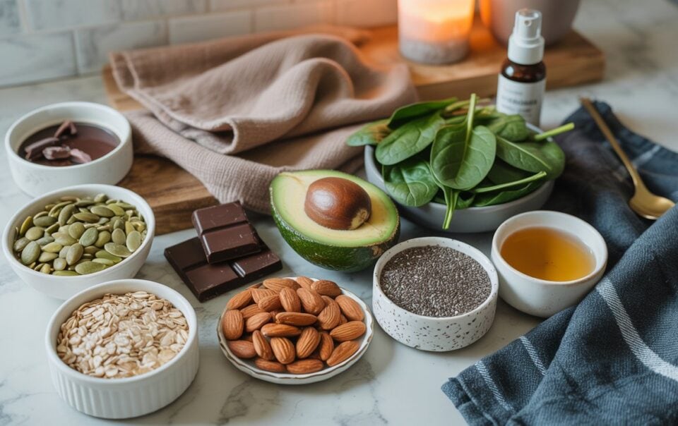A collection of healthy, magnesium-rich foods including spinach, an avocado, dark chocolate, almonds, chia seeds, pumpkin seeds, rolled oats, and a bowl of oil is arranged on a countertop with a towel and lit candle in the background.