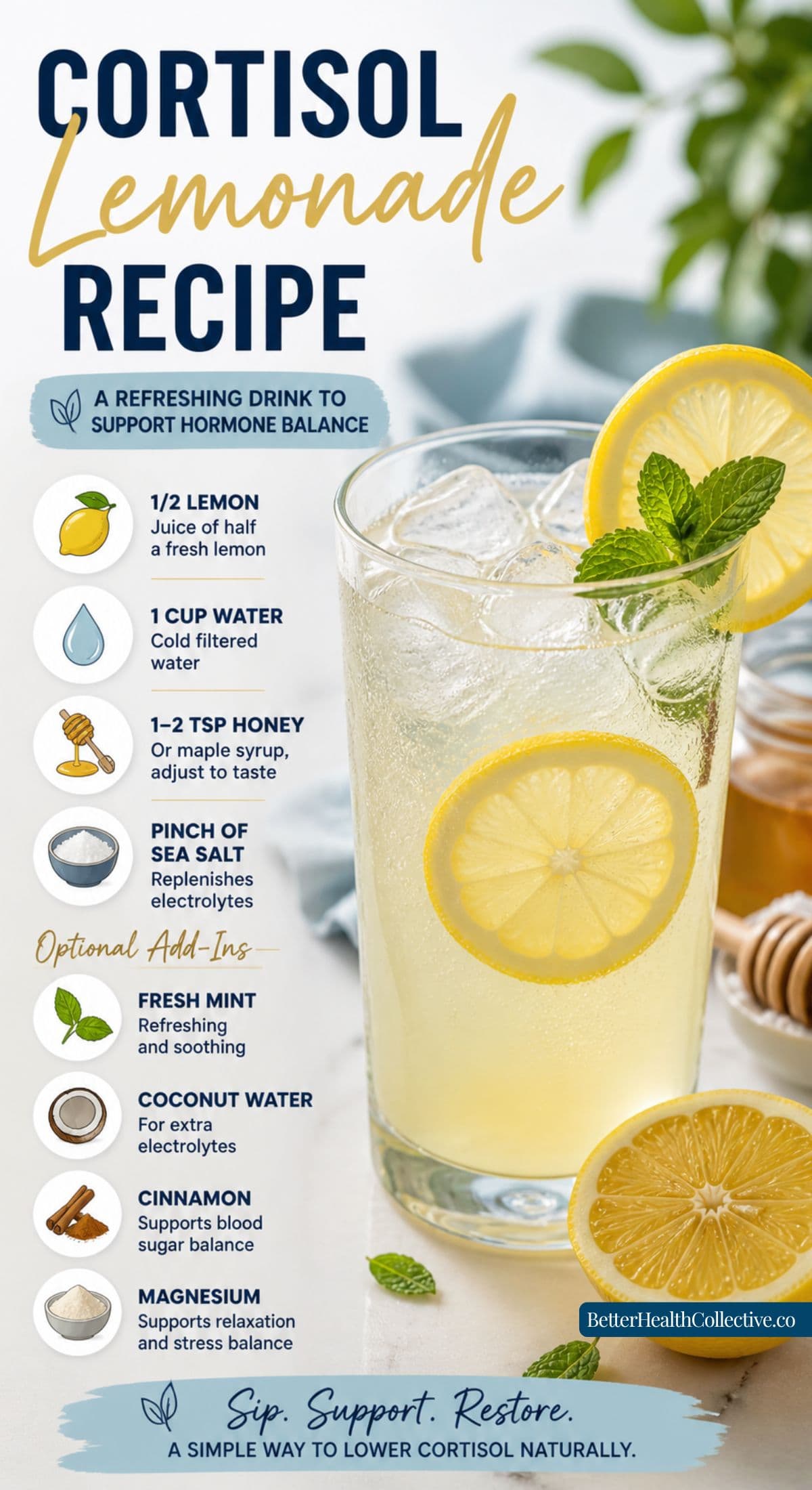 A glass of lemonade with lemon slices and mint sits on a table. Illustrated ingredients for a cortisol lemonade recipe—lemon juice, water, sea salt, and optional add-ins—are shown. Text explains its benefits for hormone balance.