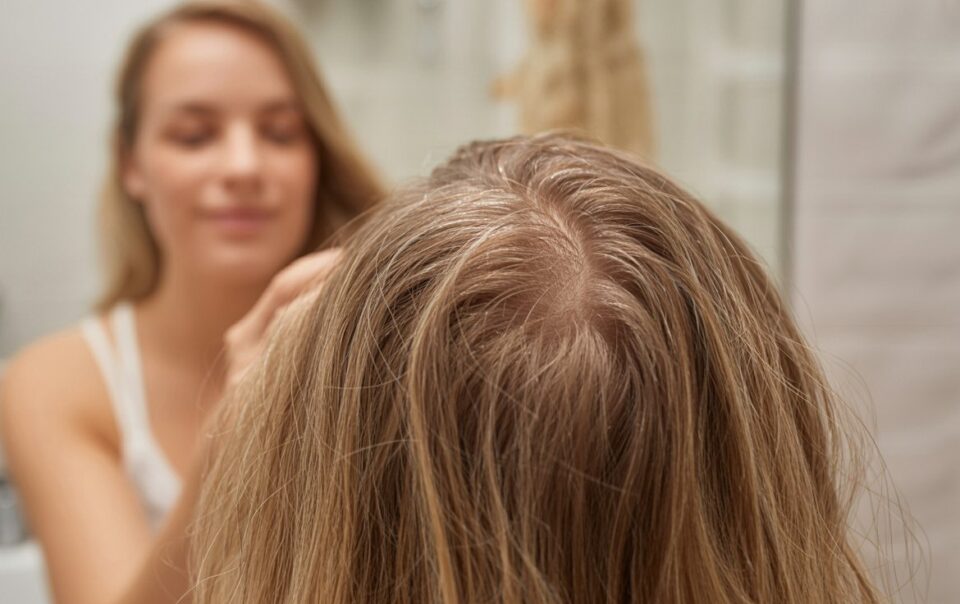 A woman looks in the bathroom mirror, with the focus on the top of her head, showing visible gray roots in her blonde hair. The blurred background highlights her hair and scalp, as she considers trying a DIY hair mask for growth.