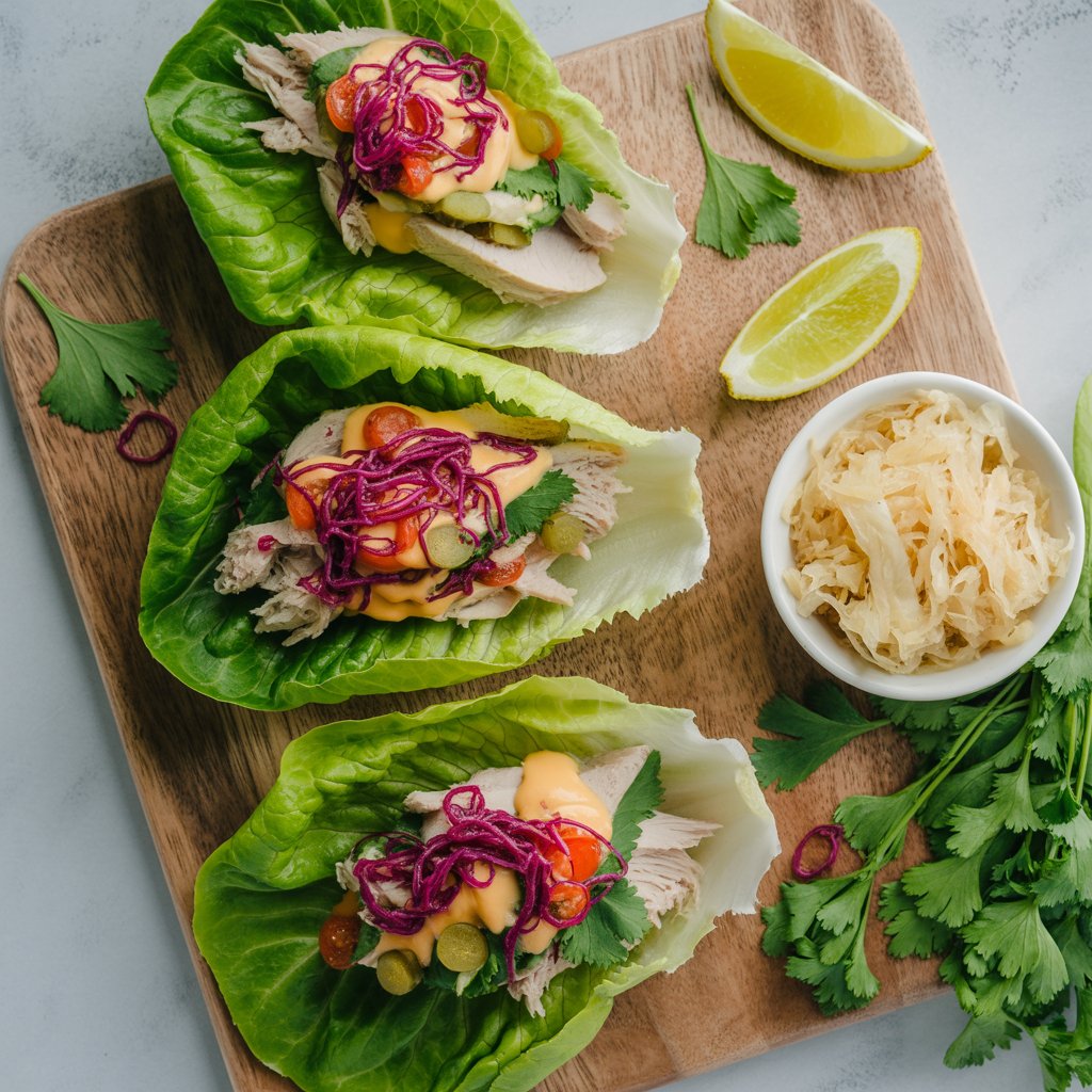Three lettuce wraps filled with shredded chicken, sliced cherry tomatoes, pickled red cabbage, and sauce on a wooden board, garnished with cilantro, lemon wedges, and a small bowl of sauerkraut—perfect for gut healthy meals.