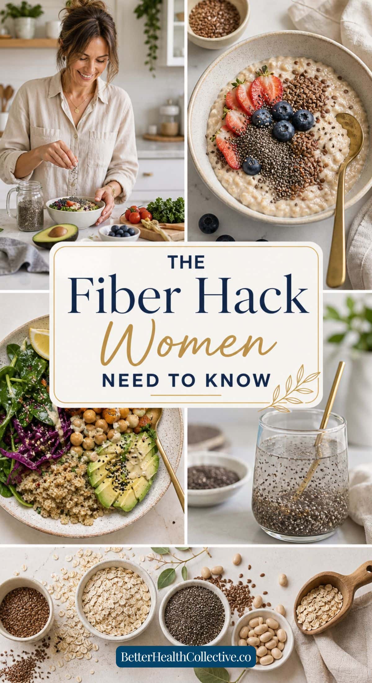A collage shows a woman preparing a healthy meal, vibrant bowls of oatmeal with fruit and seeds, salad with chickpeas and avocado, chia pudding, grains and seeds—highlighting the fiber for women to improve energy and digestion. The text: The Fiber Hack Women Need to Know.