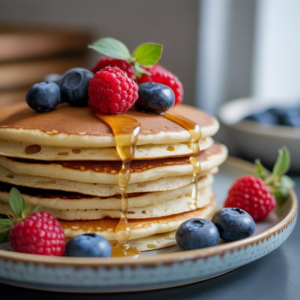 A stack of fluffy pancakes topped with fresh blueberries, raspberries, and a drizzle of syrup, garnished with mint leaves—perfect for morning recipes—and surrounded by extra berries on the plate.