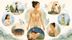 Illustration of a woman surrounded by wellness activities like walking, stretching, meditating, and drinking lemon water, with a lymphatic system diagram in the center to highlight lymph drainage massage and its lymphatic drainage benefits.