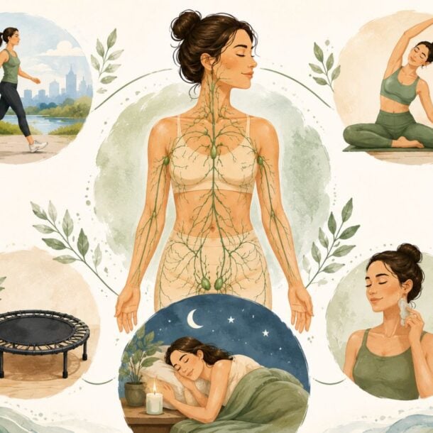 Illustration of a woman surrounded by wellness activities like walking, stretching, meditating, and drinking lemon water, with a lymphatic system diagram in the center to highlight lymph drainage massage and its lymphatic drainage benefits.