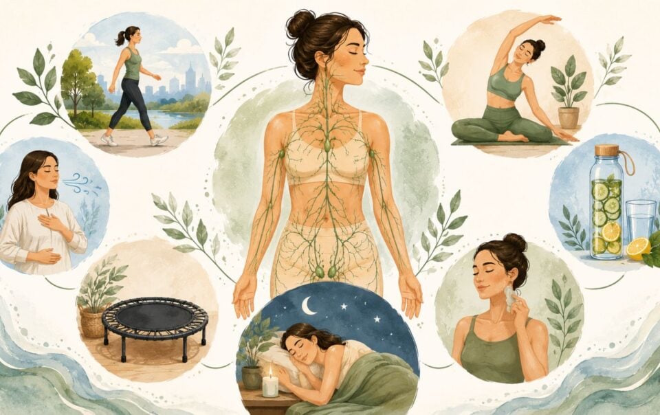 Illustration of a woman surrounded by wellness activities like walking, stretching, meditating, and drinking lemon water, with a lymphatic system diagram in the center to highlight lymph drainage massage and its lymphatic drainage benefits.