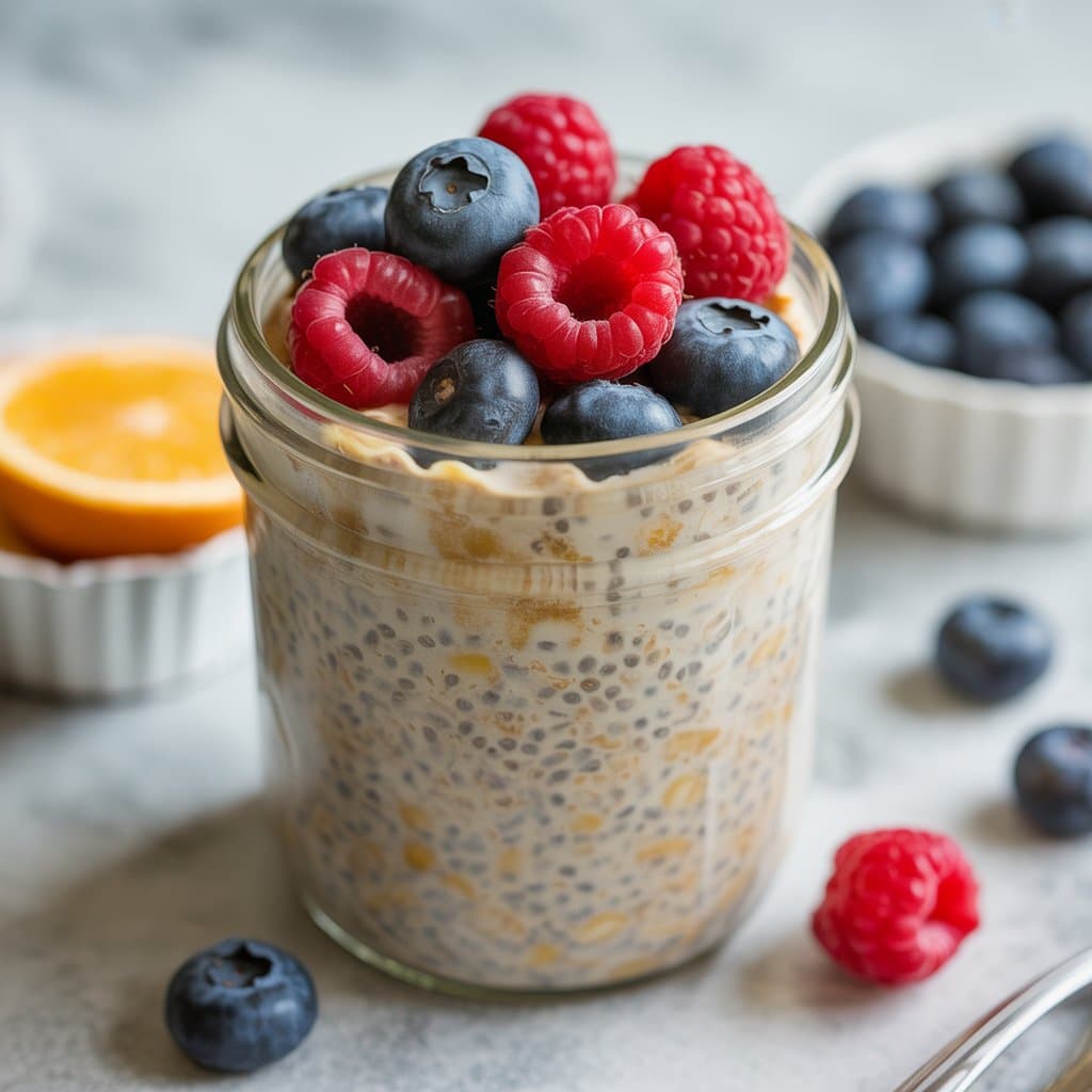 A glass jar filled with chia pudding, topped with fresh blueberries and raspberries. In the background, bowls of blueberries and an orange half add color—an inviting scene perfect for morning recipes featuring scattered berries on the marble surface.