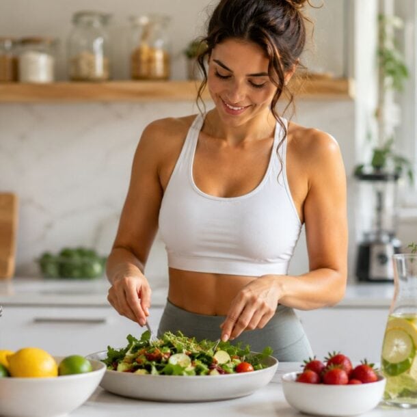 A woman in athletic wear prepares a fresh salad in a bright kitchen to boost your metabolism, surrounded by vegetables, herbs, and a jug of lemon water, with sunlight streaming through a window in the background.