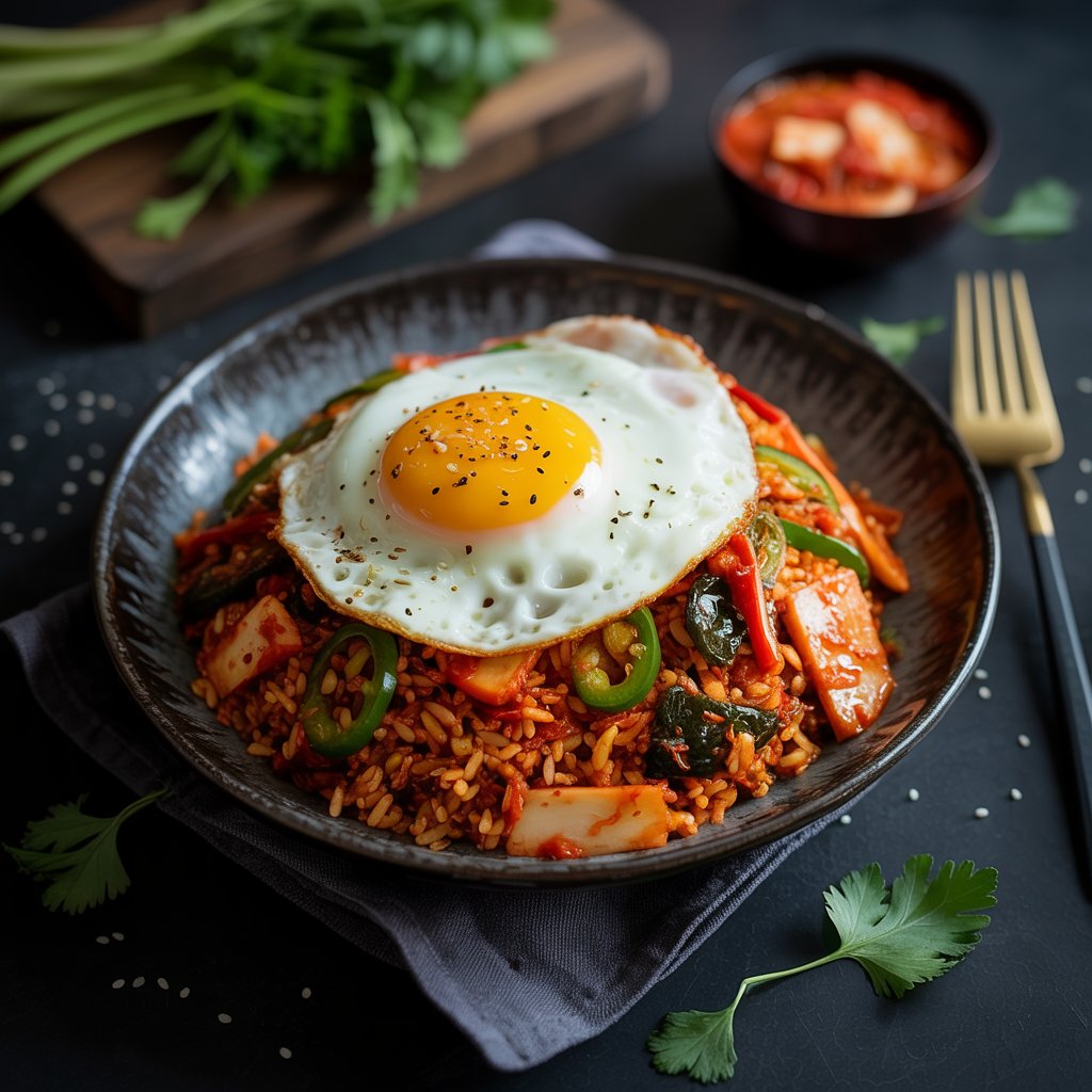 A bowl of kimchi fried rice topped with a sunny-side-up egg, garnished with sliced green chilies and black pepper. Fresh cilantro and extra kimchi make this a gut healthy meal, perfect for those looking to boost metabolism.
