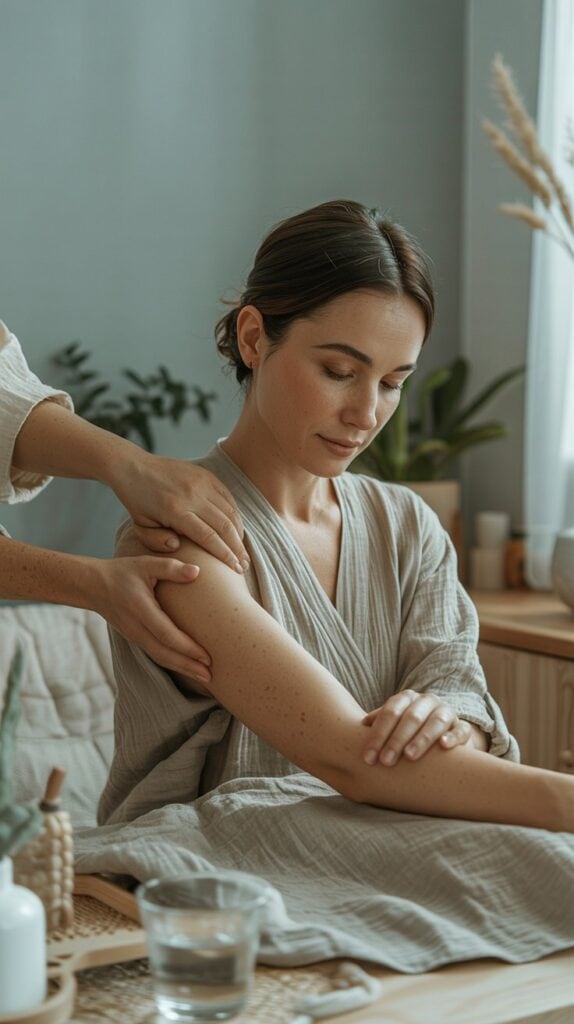 A woman in a light robe sits calmly indoors as another person performs a Lymph Drainage Massage on her upper arm. The scene is serene, with soft lighting, plants, and natural decor in the background.