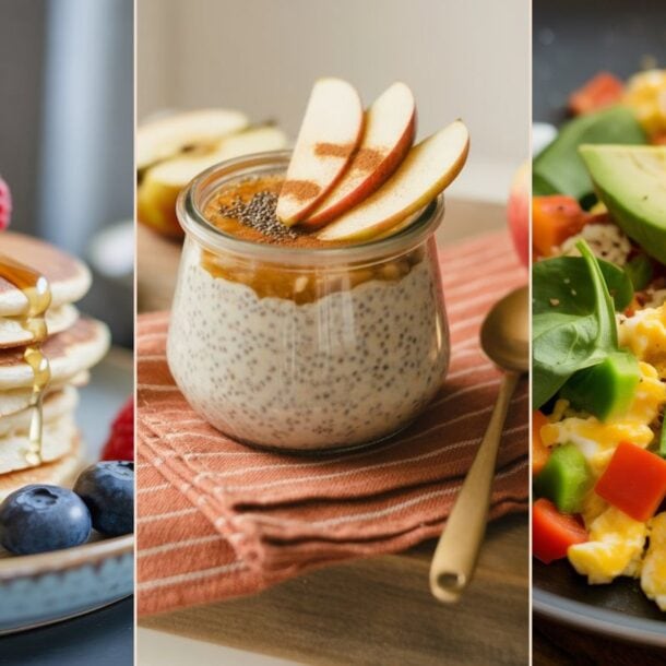 A collage of morning recipes: pancakes with berries and syrup, chia pudding with apple slices, and a plate of scrambled eggs with spinach, avocado, and diced vegetables.