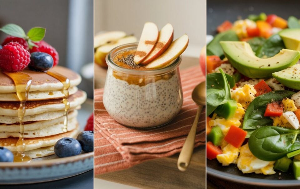 A collage of morning recipes: pancakes with berries and syrup, chia pudding with apple slices, and a plate of scrambled eggs with spinach, avocado, and diced vegetables.