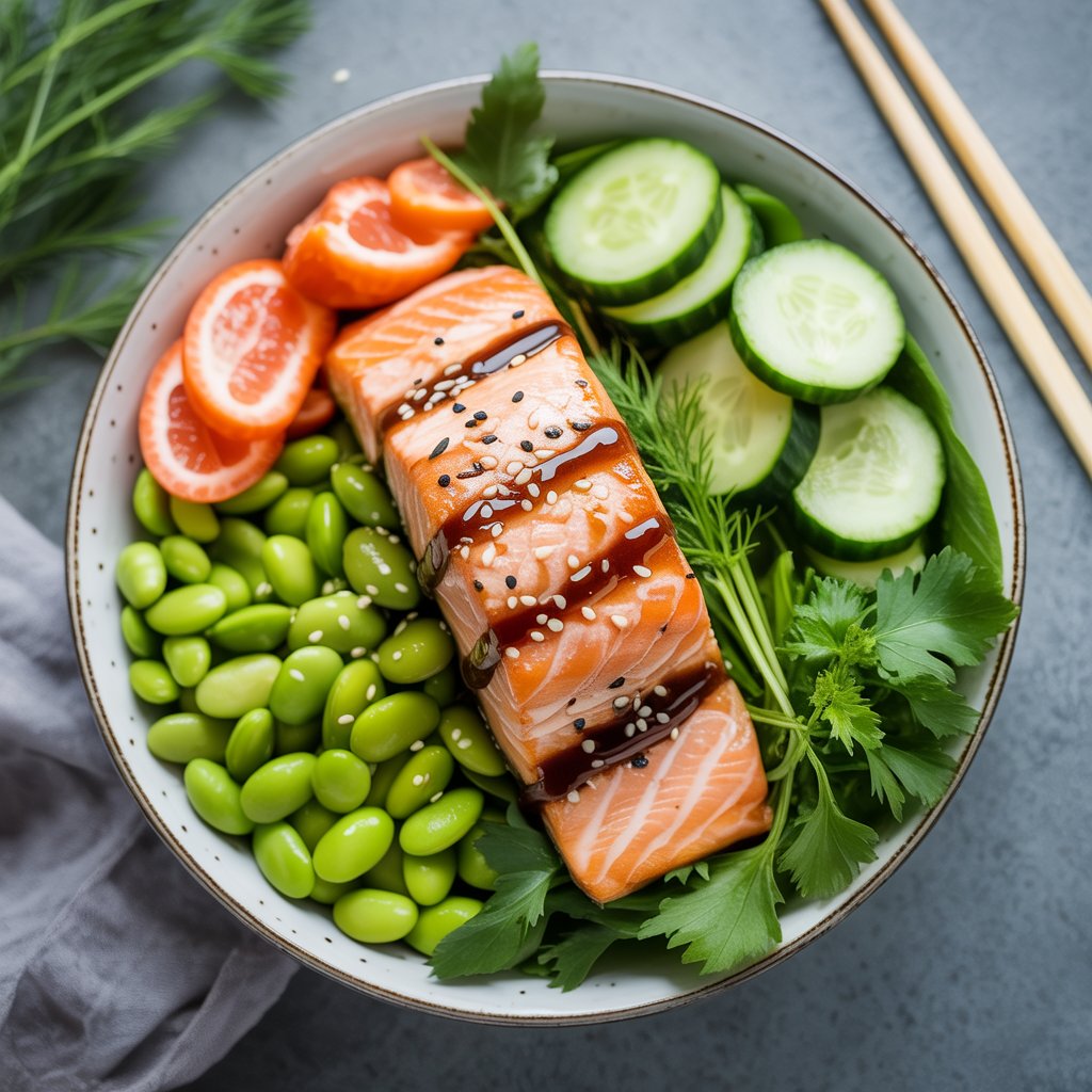 A bowl filled with sliced raw salmon topped with sauce and sesame seeds, surrounded by edamame, cucumber slices, cherry tomato halves, and fresh greens—an ideal choice for healthy meals—with chopsticks placed to the side.