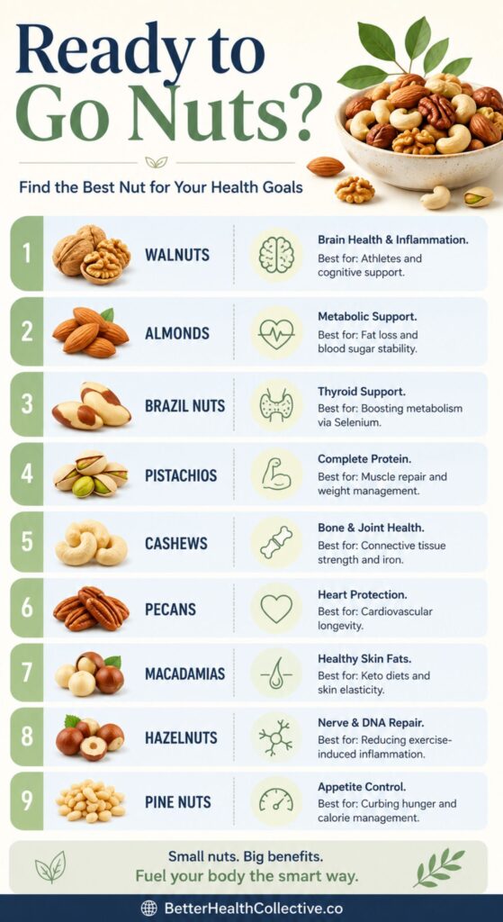 Infographic titled “Ready to Go Nuts?” highlights the health benefits of eight healthy nuts—walnuts, almonds, Brazil nuts, pistachios, cashews, pecans, macadamias, and hazelnuts—with icons and descriptions for each.