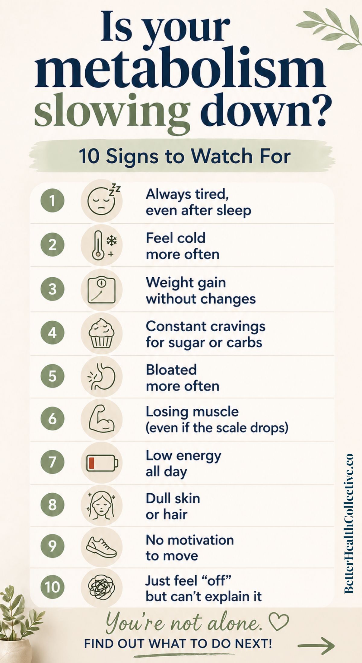 Infographic titled Is your metabolism slowing down? 10 Metabolism Signs to Watch For lists slow metabolism signals like tiredness, feeling cold, weight gain, cravings, headaches, muscle loss, low energy, dull skin, no motivation, and feeling off.