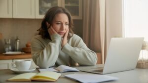 A woman sits at a kitchen table, looking thoughtfully at a laptop. Surrounded by notebooks and coffee, she rests her face in her hands—showing clear signs of burnout as she appears deep in concentration or concern.