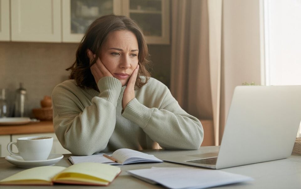 A woman sits at a kitchen table, looking thoughtfully at a laptop. Surrounded by notebooks and coffee, she rests her face in her hands—showing clear signs of burnout as she appears deep in concentration or concern.