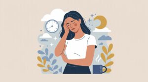 Illustration of a tired woman holding her head with a pained expression. A clock, moon, clouds, and steaming cup in the background highlight fatigue—possible signs your lymphatic system needs more movement for better energy and rest.