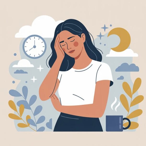 Illustration of a tired woman holding her head with a pained expression. A clock, moon, clouds, and steaming cup in the background highlight fatigue—possible signs your lymphatic system needs more movement for better energy and rest.