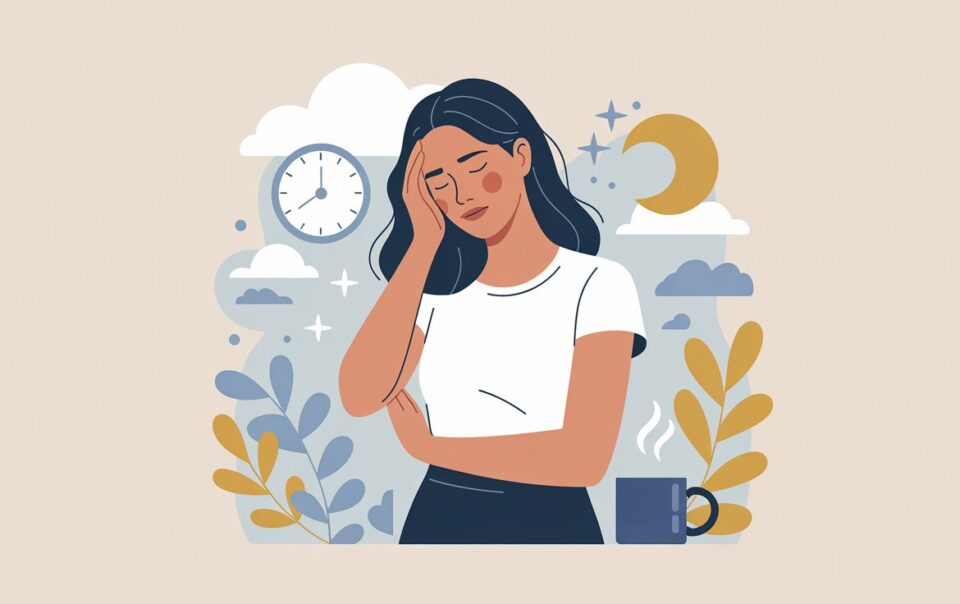 Illustration of a tired woman holding her head with a pained expression. A clock, moon, clouds, and steaming cup in the background highlight fatigue—possible signs your lymphatic system needs more movement for better energy and rest.