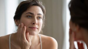 A woman with light skin and dark hair touches her cheek and looks thoughtfully at her reflection, as if wondering what her skin is telling you about your cortisol levels, in a calm, softly lit room.