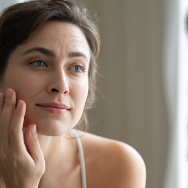 A woman with light skin and dark hair touches her cheek and looks thoughtfully at her reflection, as if wondering what her skin is telling you about your cortisol levels, in a calm, softly lit room.