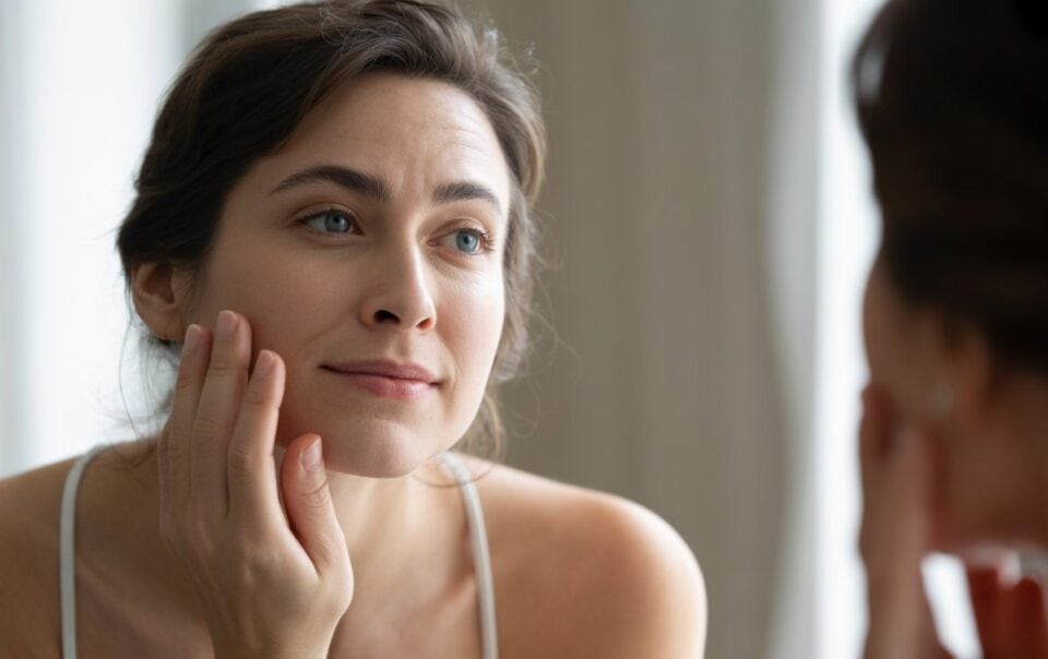 A woman with light skin and dark hair touches her cheek and looks thoughtfully at her reflection, as if wondering what her skin is telling you about your cortisol levels, in a calm, softly lit room.