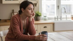 A woman sits at a kitchen table, resting her chin on her hand and looking pensively out the window, holding a mug. The bright kitchen, filled with plants and a visible sink, hints she might be reflecting on ways to boost metabolism.