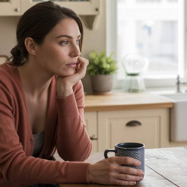 A woman sits at a kitchen table, resting her chin on her hand and looking pensively out the window, holding a mug. The bright kitchen, filled with plants and a visible sink, hints she might be reflecting on ways to boost metabolism.