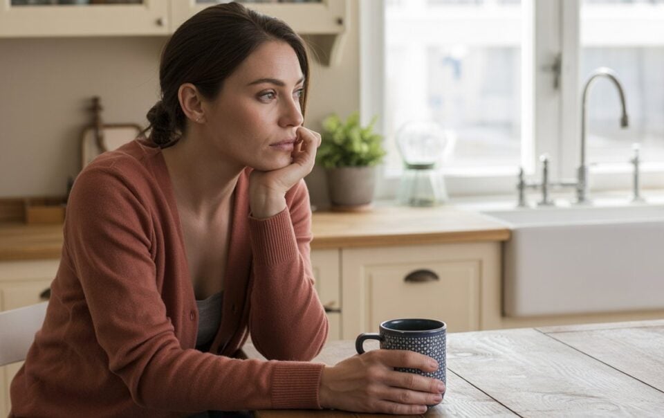 A woman sits at a kitchen table, resting her chin on her hand and looking pensively out the window, holding a mug. The bright kitchen, filled with plants and a visible sink, hints she might be reflecting on ways to boost metabolism.