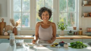 A woman smiles in a bright kitchen while preparing healthy food rich in fiber for women. She stands behind a counter with seeds, avocado, berries, and greens, perfect for improving energy and digestion as sunlight streams through large windows.