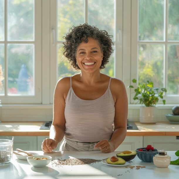 A woman smiles in a bright kitchen while preparing healthy food rich in fiber for women. She stands behind a counter with seeds, avocado, berries, and greens, perfect for improving energy and digestion as sunlight streams through large windows.