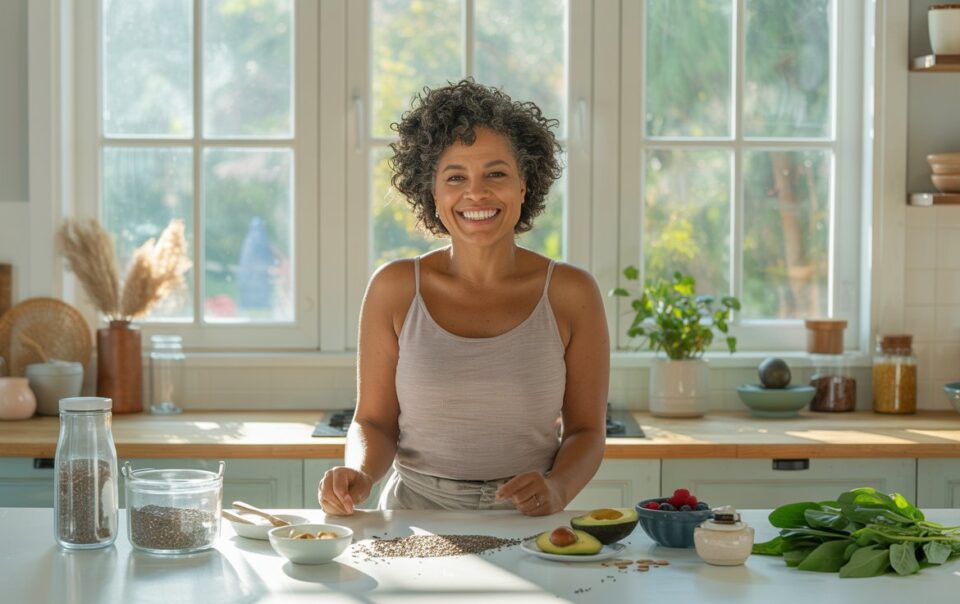 A woman smiles in a bright kitchen while preparing healthy food rich in fiber for women. She stands behind a counter with seeds, avocado, berries, and greens, perfect for improving energy and digestion as sunlight streams through large windows.